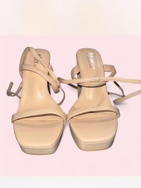 Beige Strappy Square-Toe Heeled Sandals